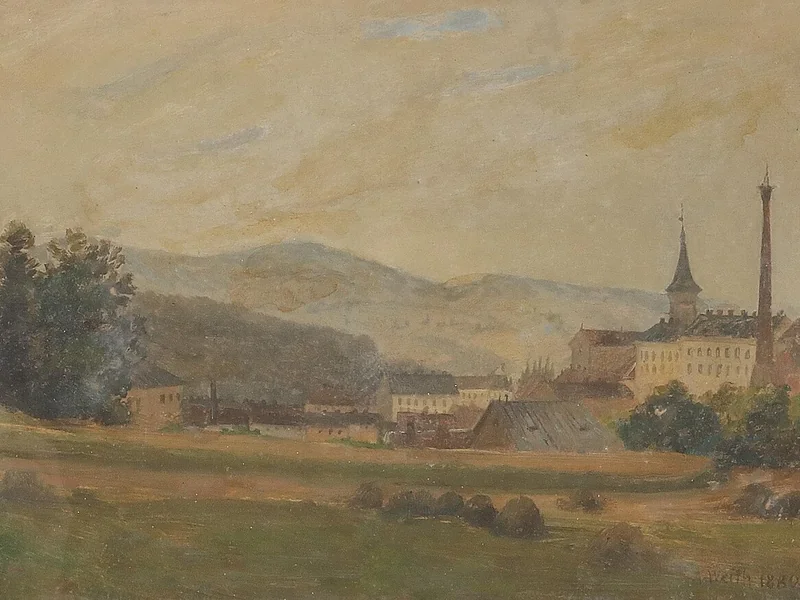 1857-Andreas Weith - Vista odierna da Rampersdorfergasse V verso Meidling, la chiesa e Pfanisches Bad